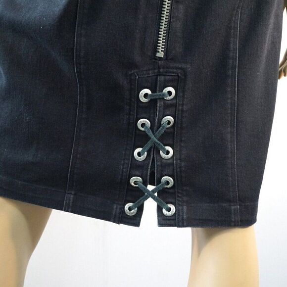 Womens A-Line Skirt Black Lace Up Zip Up Stretch Size 8 Mod Groovy - Picture 4 of 10